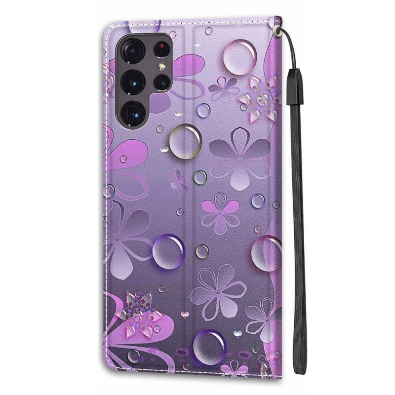 Etui Folio do Samsung Galaxy S22 Ultra 5G Krople Wody Ze Smyczą