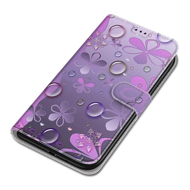 Etui Folio do Samsung Galaxy S22 Ultra 5G Krople Wody Ze Smyczą