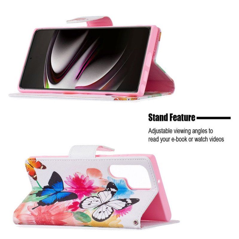 Etui Folio do Samsung Galaxy S22 Ultra 5G Malowane Motyle I Kwiaty