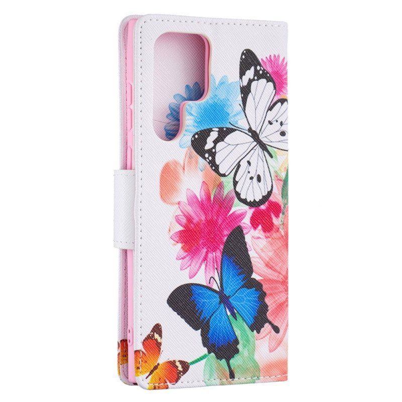 Etui Folio do Samsung Galaxy S22 Ultra 5G Malowane Motyle I Kwiaty