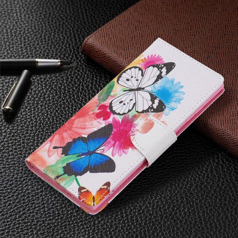 Etui Folio do Samsung Galaxy S22 Ultra 5G Malowane Motyle I Kwiaty