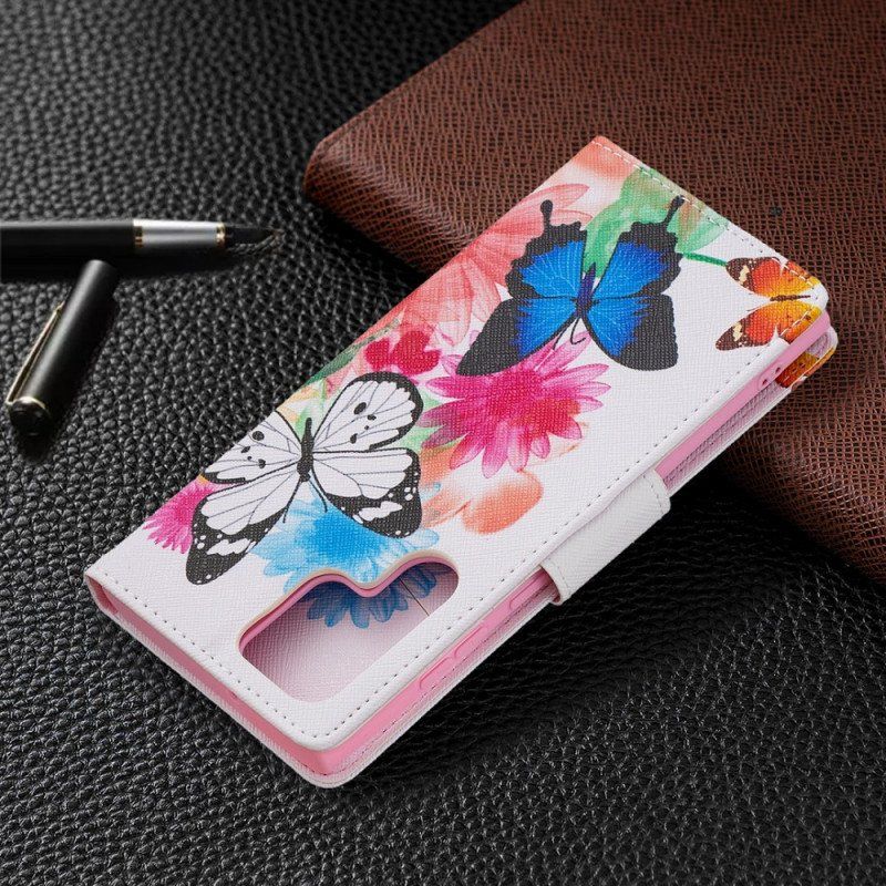 Etui Folio do Samsung Galaxy S22 Ultra 5G Malowane Motyle I Kwiaty