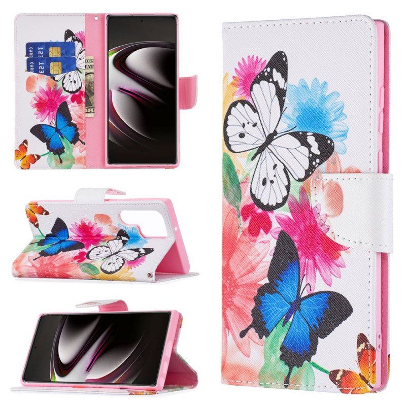 Etui Folio do Samsung Galaxy S22 Ultra 5G Malowane Motyle I Kwiaty