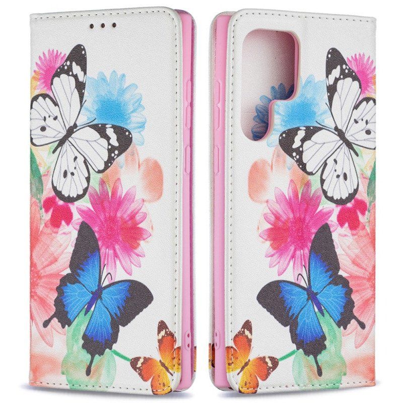 Etui Folio do Samsung Galaxy S22 Ultra 5G Malowane Motyle I Kwiaty