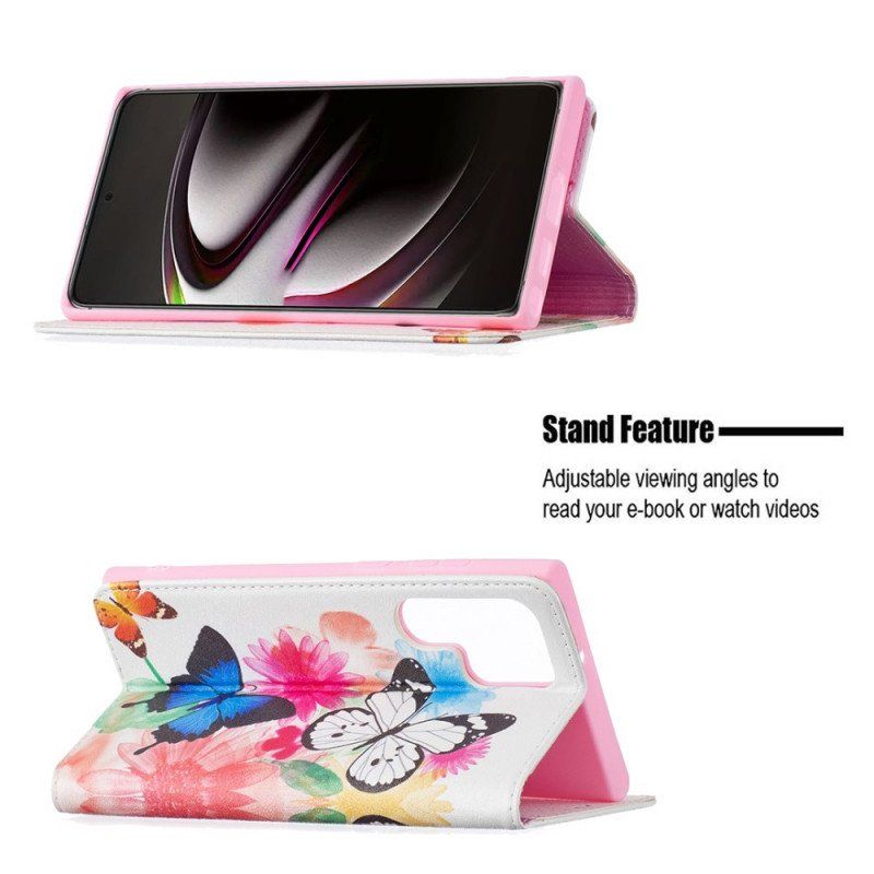 Etui Folio do Samsung Galaxy S22 Ultra 5G Malowane Motyle I Kwiaty