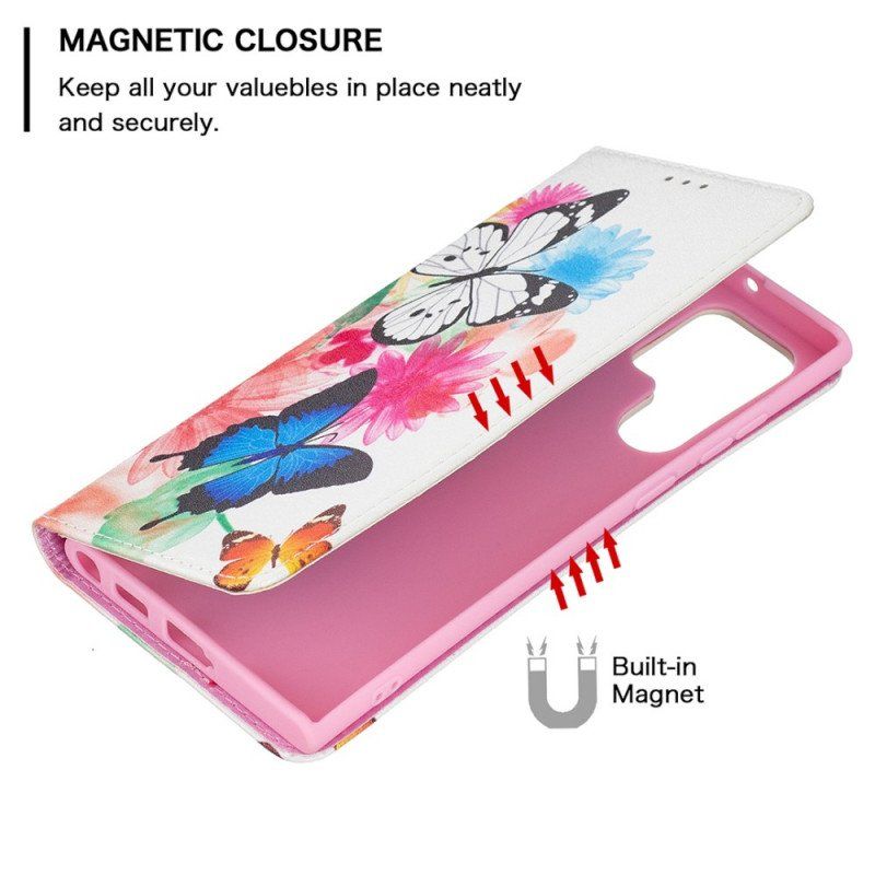 Etui Folio do Samsung Galaxy S22 Ultra 5G Malowane Motyle I Kwiaty