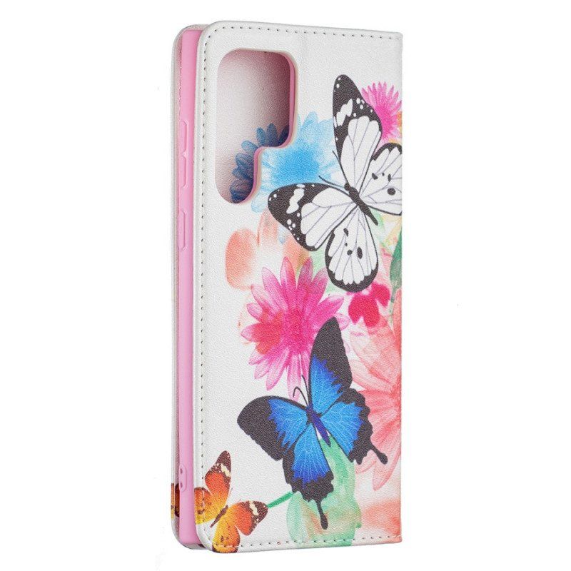 Etui Folio do Samsung Galaxy S22 Ultra 5G Malowane Motyle I Kwiaty