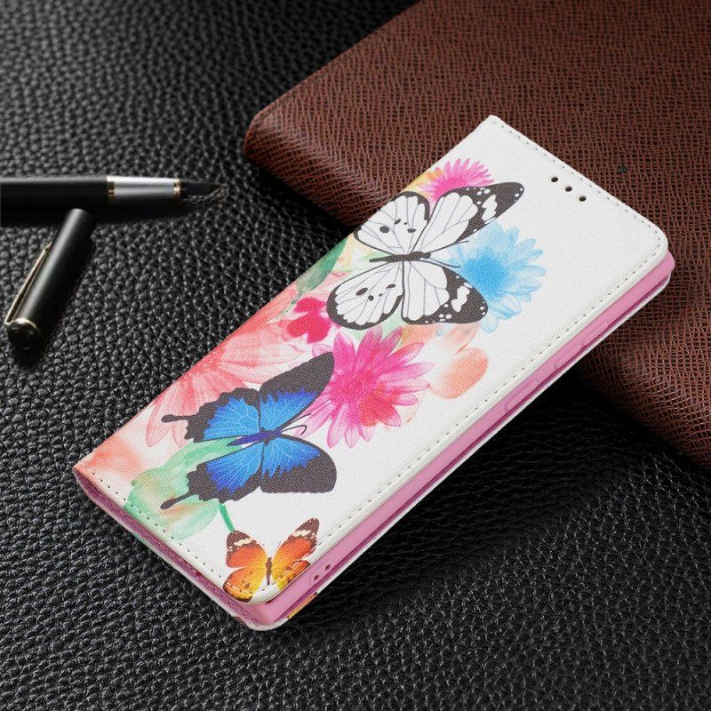 Etui Folio do Samsung Galaxy S22 Ultra 5G Malowane Motyle I Kwiaty