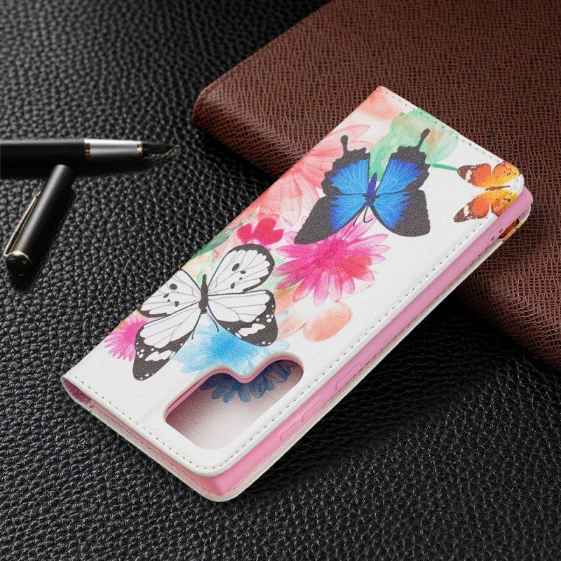 Etui Folio do Samsung Galaxy S22 Ultra 5G Malowane Motyle I Kwiaty