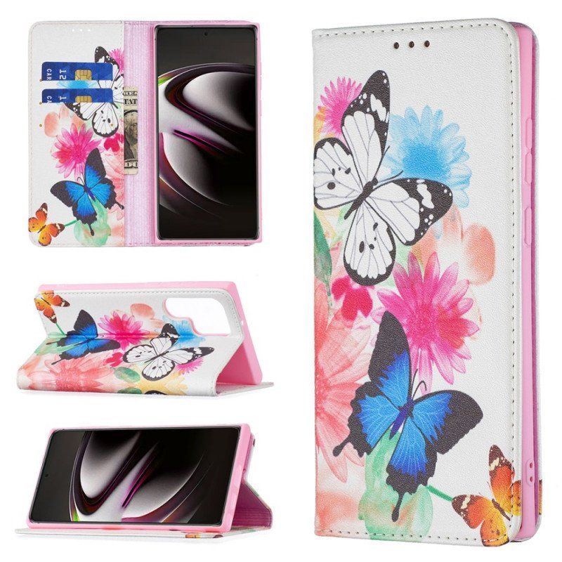 Etui Folio do Samsung Galaxy S22 Ultra 5G Malowane Motyle I Kwiaty