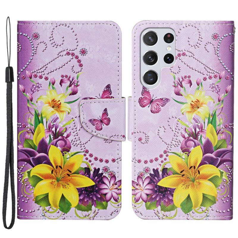 Etui Folio do Samsung Galaxy S22 Ultra 5G Mistrzowskie Kwiaty Z Paskiem