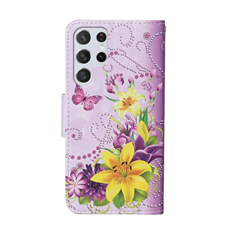 Etui Folio do Samsung Galaxy S22 Ultra 5G Mistrzowskie Kwiaty Z Paskiem