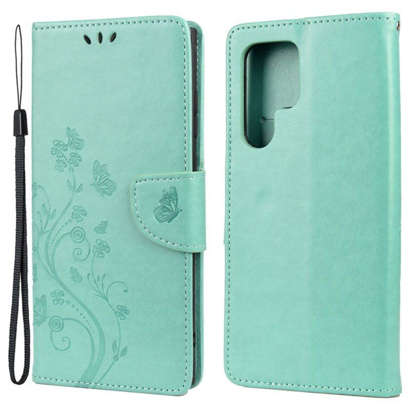 Etui Folio do Samsung Galaxy S22 Ultra 5G Motyle I Kwiaty Z Smyczem