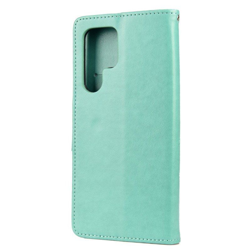 Etui Folio do Samsung Galaxy S22 Ultra 5G Motyle I Kwiaty Z Smyczem