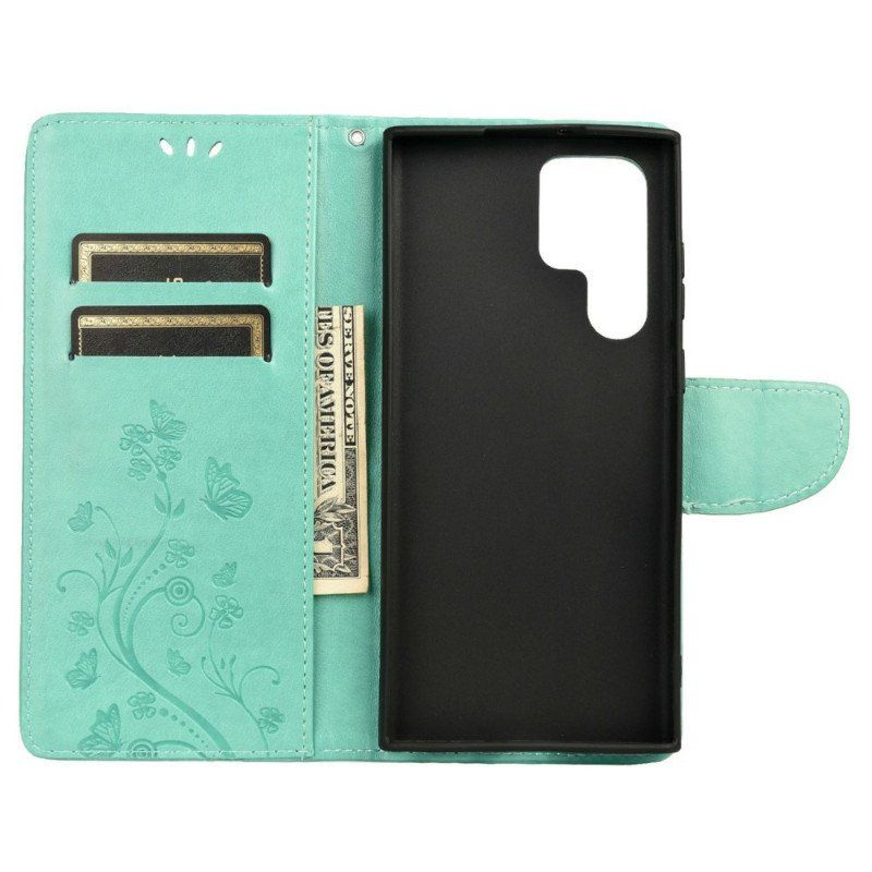 Etui Folio do Samsung Galaxy S22 Ultra 5G Motyle I Kwiaty Z Smyczem