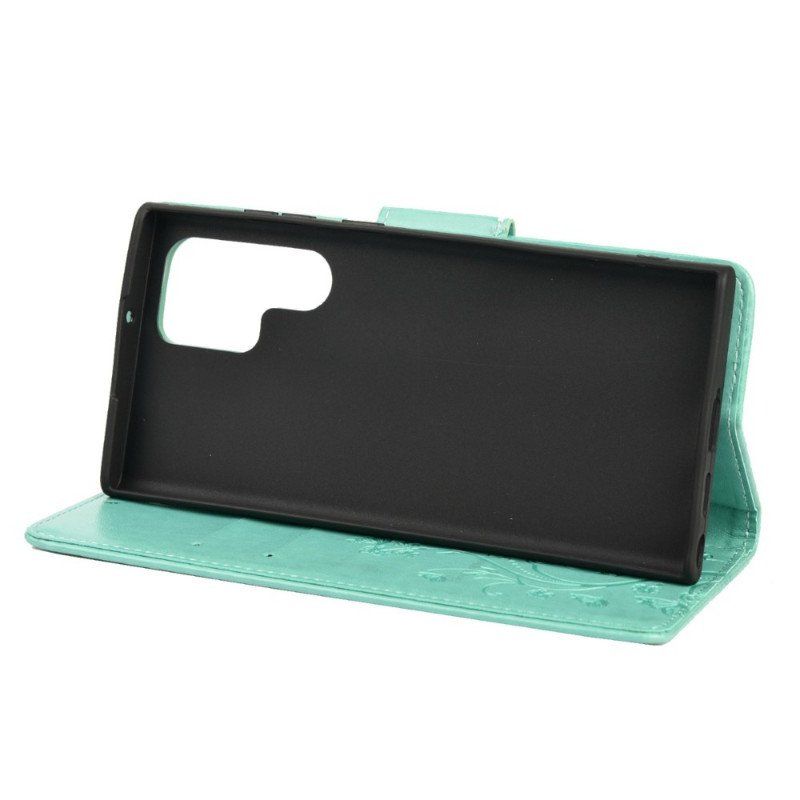 Etui Folio do Samsung Galaxy S22 Ultra 5G Motyle I Kwiaty Z Smyczem