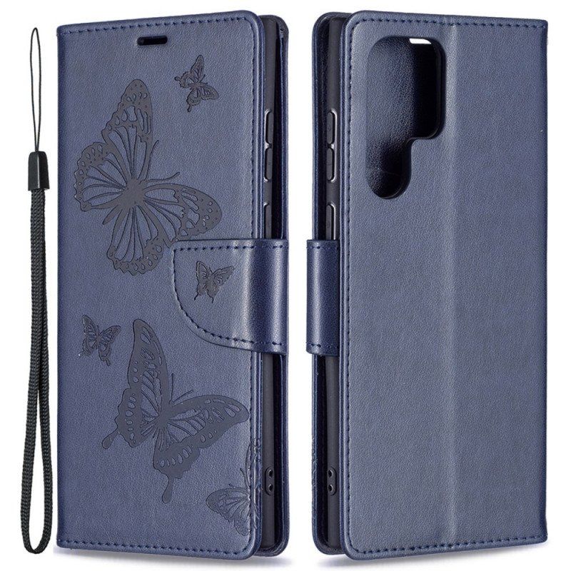 Etui Folio do Samsung Galaxy S22 Ultra 5G Motyle W Locie Z Smyczą