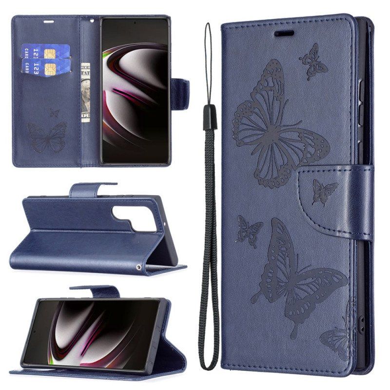 Etui Folio do Samsung Galaxy S22 Ultra 5G Motyle W Locie Z Smyczą