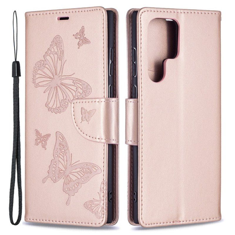 Etui Folio do Samsung Galaxy S22 Ultra 5G Motyle W Locie Z Smyczą