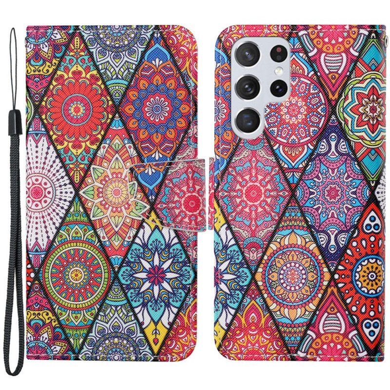 Etui Folio do Samsung Galaxy S22 Ultra 5G Patchwork Ze Smyczą