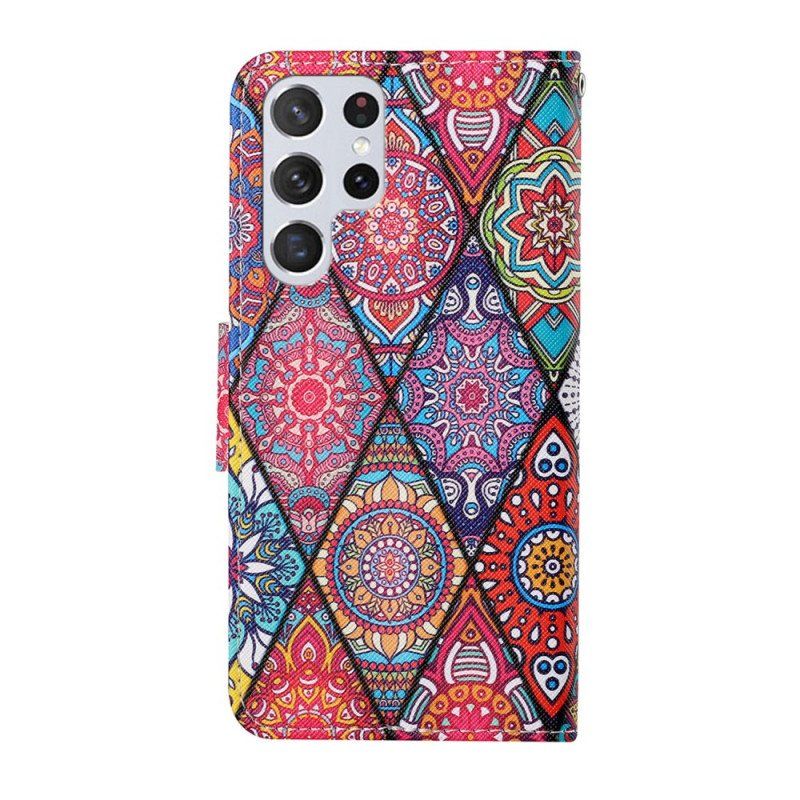 Etui Folio do Samsung Galaxy S22 Ultra 5G Patchwork Ze Smyczą