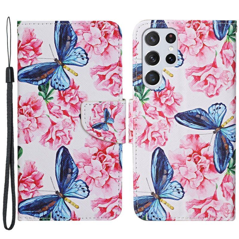 Etui Folio do Samsung Galaxy S22 Ultra 5G Smycz W Kwiaty Motyle