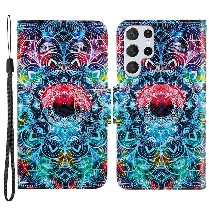 Etui Folio do Samsung Galaxy S22 Ultra 5G z Łańcuch Błyskotliwa Mandala Z Paskami