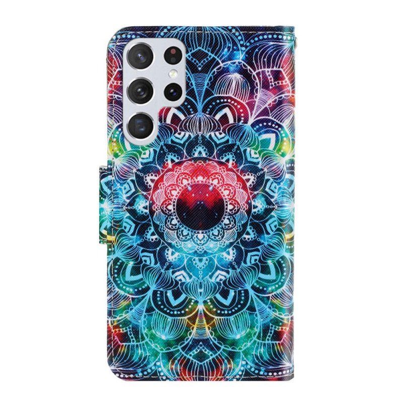 Etui Folio do Samsung Galaxy S22 Ultra 5G z Łańcuch Błyskotliwa Mandala Z Paskami