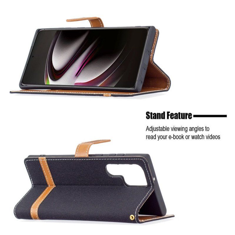 Etui Folio do Samsung Galaxy S22 Ultra 5G z Łańcuch Pasek Z Efektem Tkaniny I Skóry