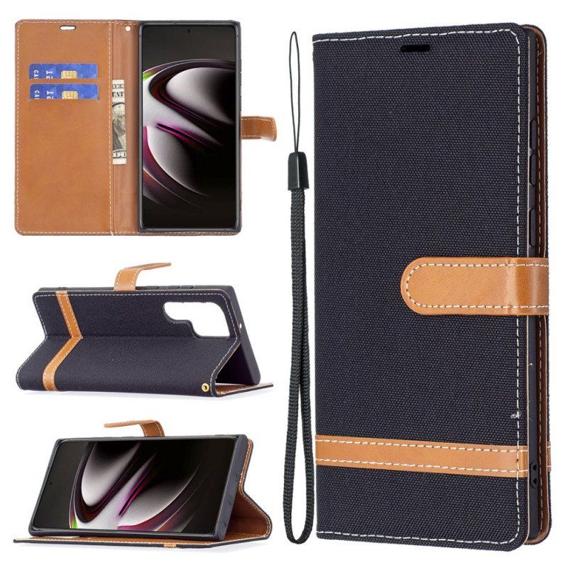 Etui Folio do Samsung Galaxy S22 Ultra 5G z Łańcuch Pasek Z Efektem Tkaniny I Skóry