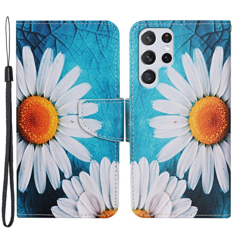 Etui Folio do Samsung Galaxy S22 Ultra 5G z Łańcuch Stringi Stokrotki