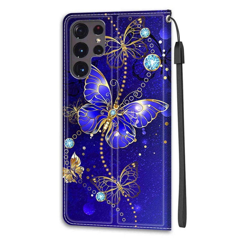 Etui Folio do Samsung Galaxy S22 Ultra 5G z Łańcuch Wachlarz Motyli Na Pasku