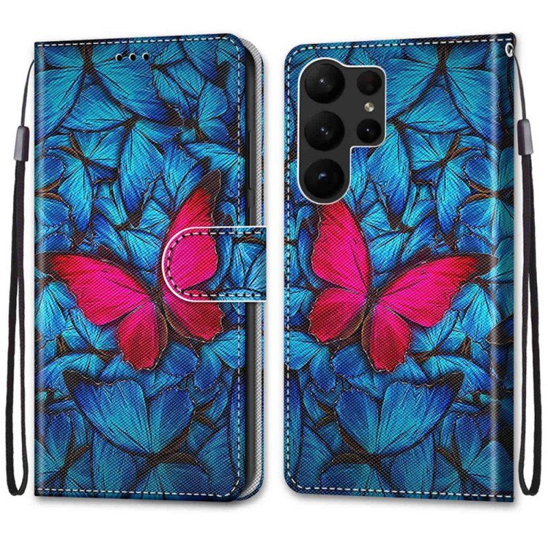 Etui Folio do Samsung Galaxy S23 Ultra 5G Czerwony Motyl Niebieskim Tle