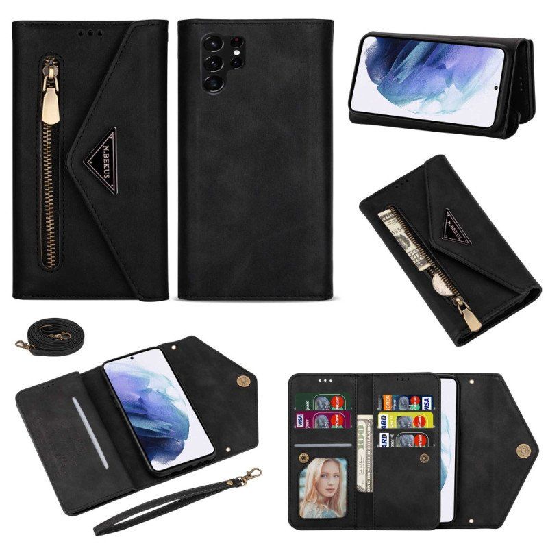 Etui Folio do Samsung Galaxy S23 Ultra 5G Multi-karty Ze Smyczą I Paskiem Na Ramię