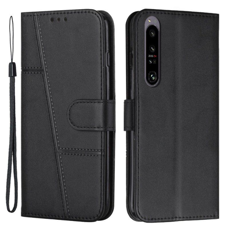 Etui Folio do Sony Xperia 1 IV Geometryczny Skórzany Styl Z Paskiem