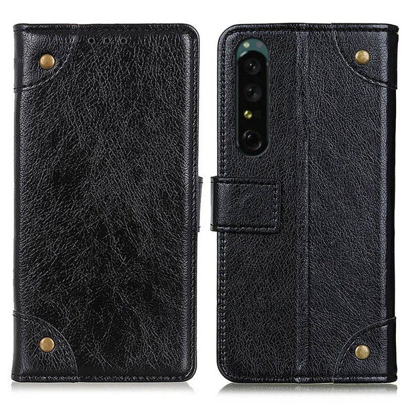 Etui Folio do Sony Xperia 1 IV Stylowa Skóra Nappa Z Nitami