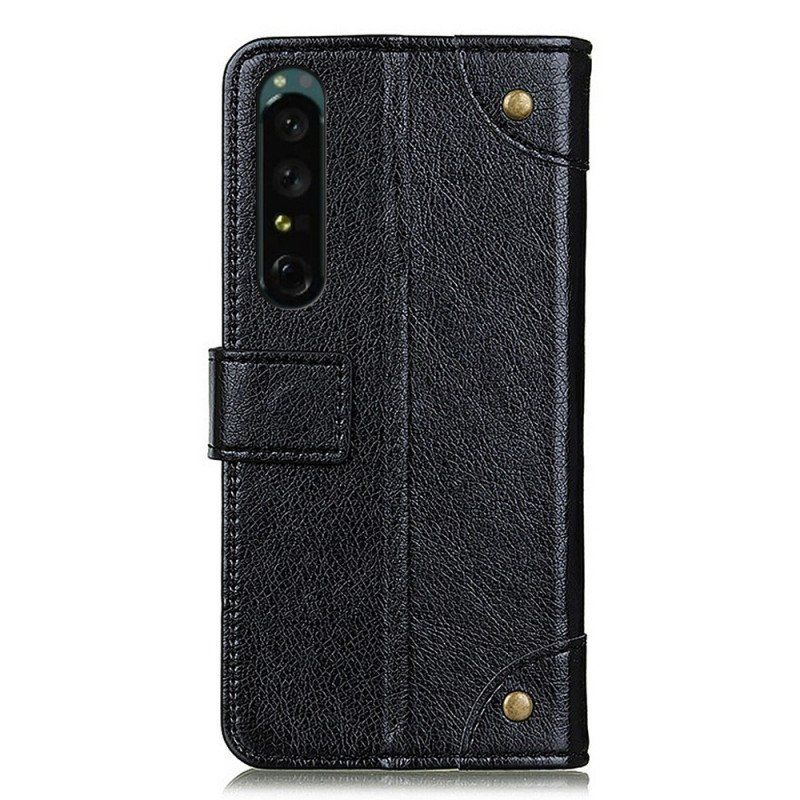 Etui Folio do Sony Xperia 1 IV Stylowa Skóra Nappa Z Nitami