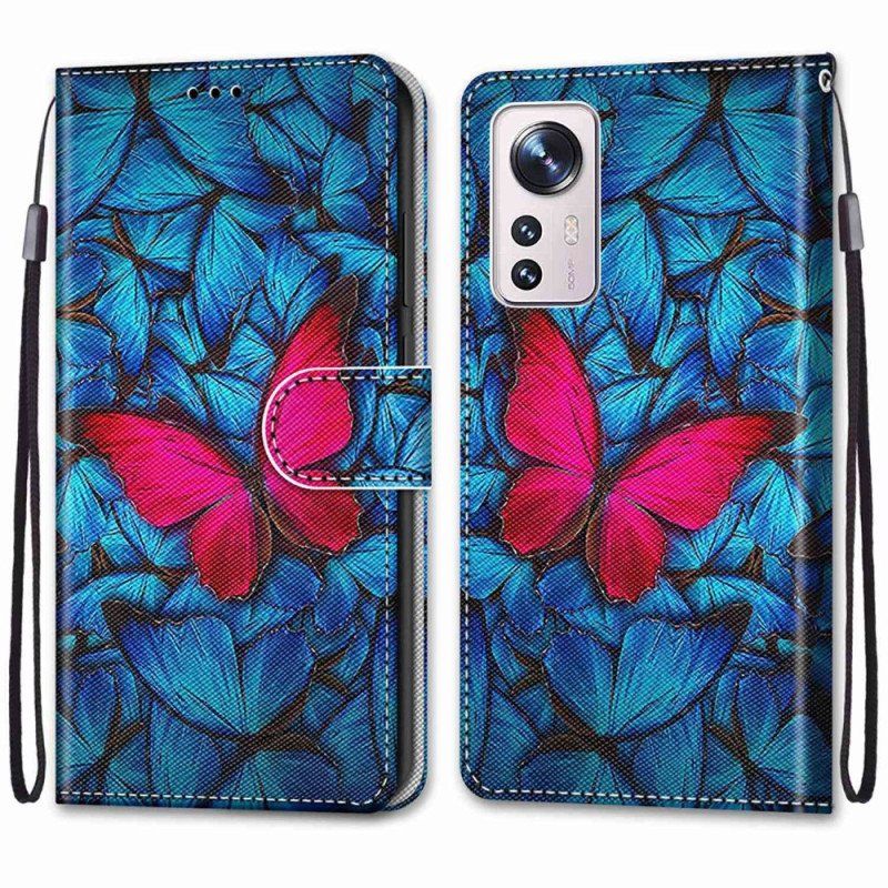 Etui Folio do Xiaomi 12 / 12X z Łańcuch Czerwony Motyl Z Paskiem