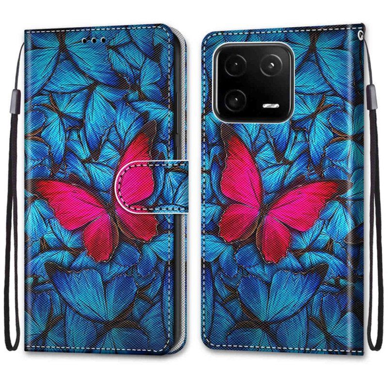 Etui Folio do Xiaomi 13 Pro Czerwony Motyl Niebieskim Tle