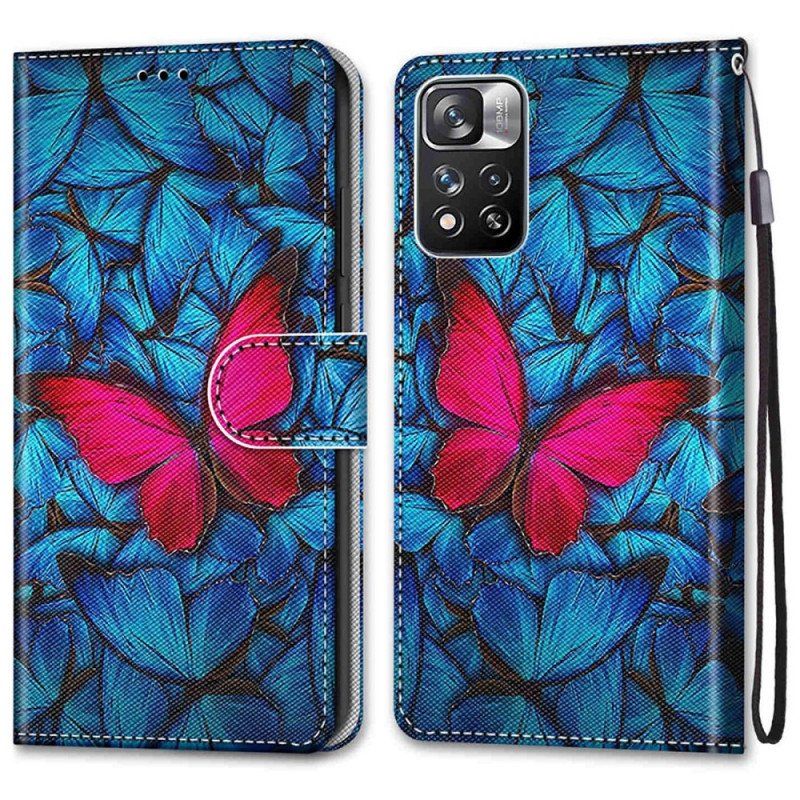 Etui Folio do Xiaomi Redmi Note 11 Pro Plus 5G Czerwony Motyl Niebieskim Tle