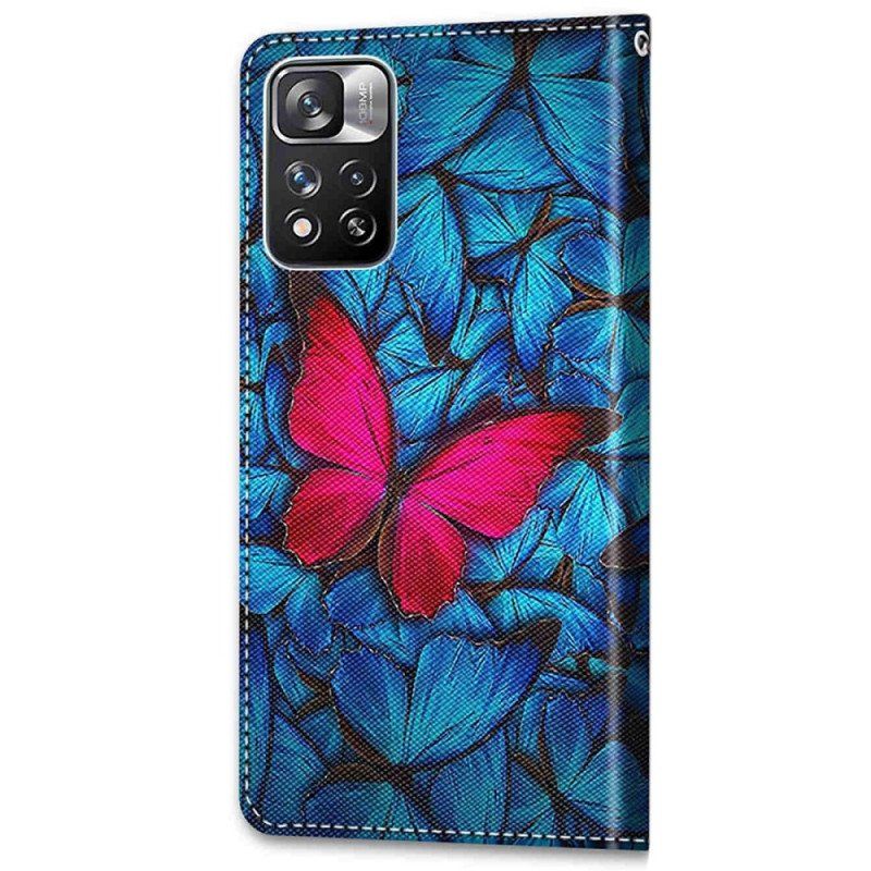 Etui Folio do Xiaomi Redmi Note 11 Pro Plus 5G Czerwony Motyl Niebieskim Tle