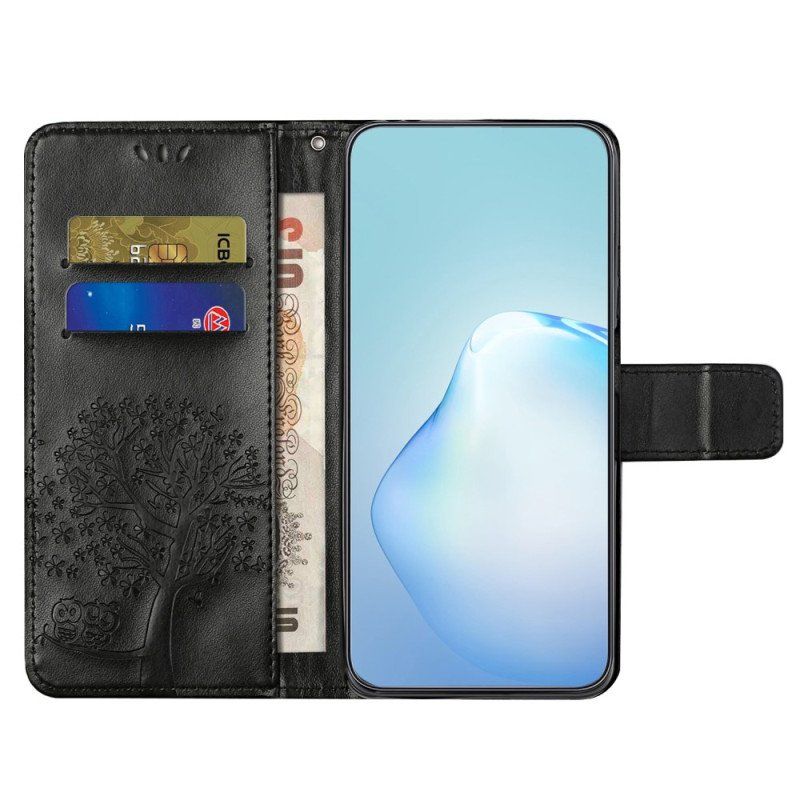 Etui Folio do Xiaomi Redmi Note 12 4G z Łańcuch Drzewo I Pasiasty Kot