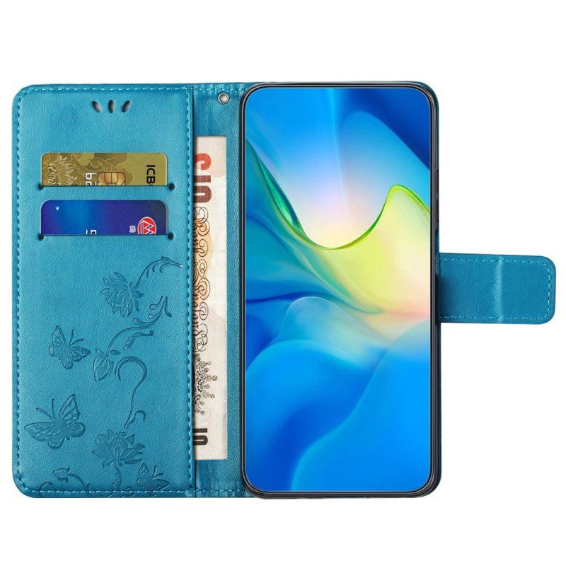 Etui Folio do Xiaomi Redmi Note 12 4G z Łańcuch Kwiaty I Motyle Z Paskiem