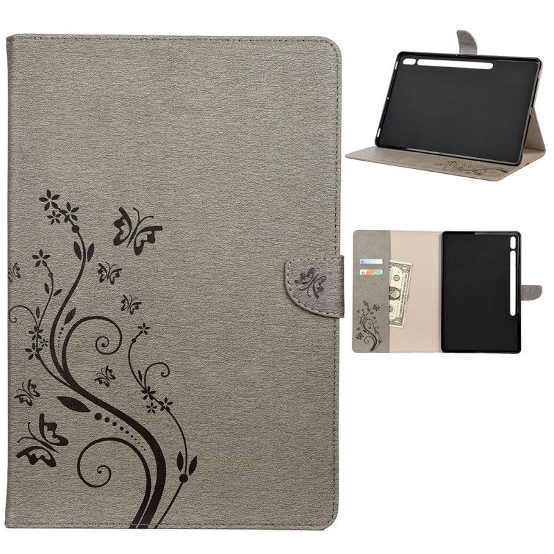 Etui Folio Samsung Galaxy Tab S7 Plus Szary Czarny Kwiatowe Motyle