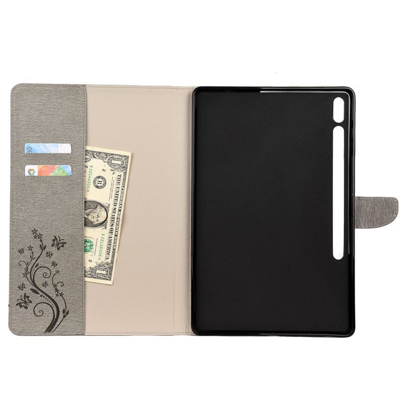 Etui Folio Samsung Galaxy Tab S7 Plus Szary Czarny Kwiatowe Motyle