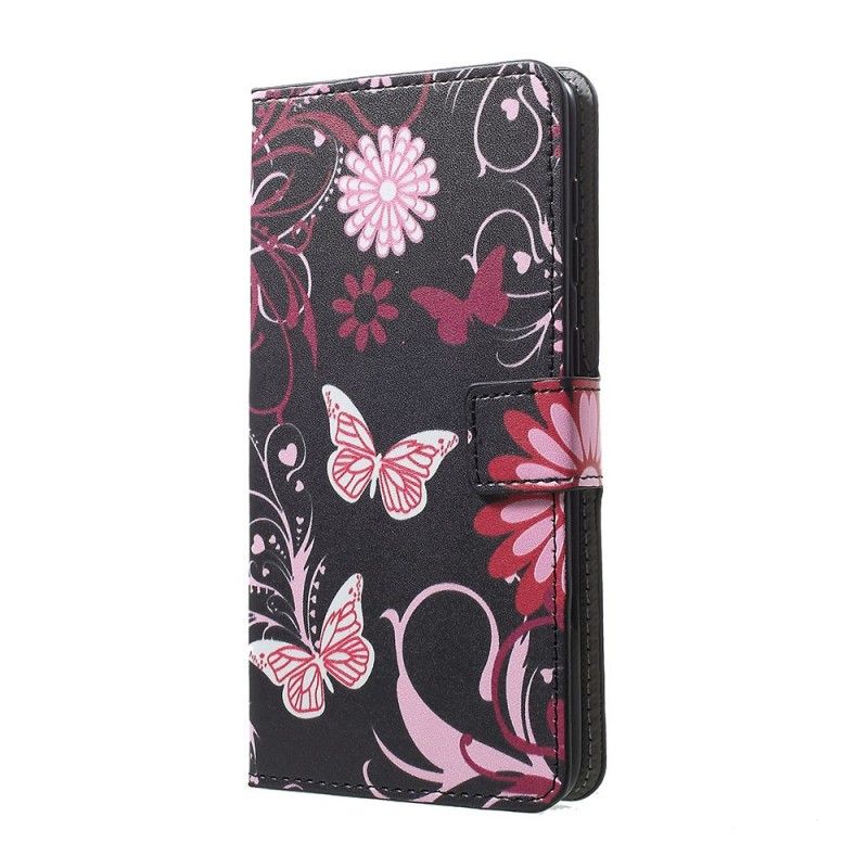 Etui Folio Samsung Galaxy A30 Fioletowy Jasnoniebieski Motyle I Kwiaty