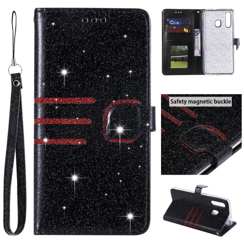 Etui Folio Samsung Galaxy A30 Srebrny Czarny Designerskie Cekiny Z Paskiem