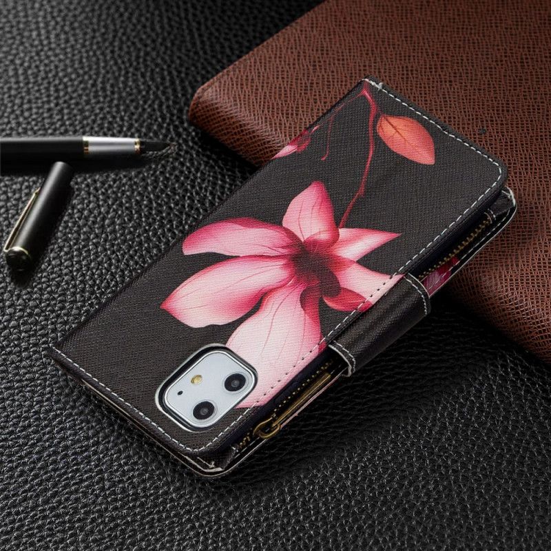 Etui Folio iPhone 11 Biały Czarny Kieszeń Zapinana Na Zamek W Kwiaty