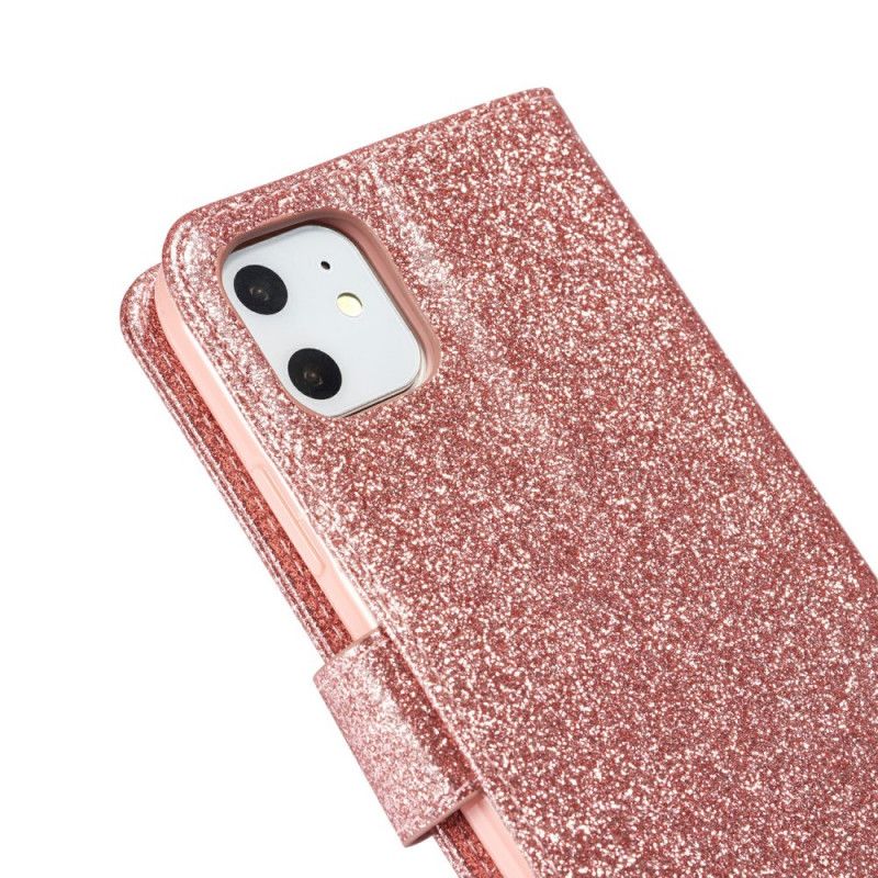 Skórzany Futerał iPhone 11 Magenta Czarny Etui na Telefon Brokat Serca