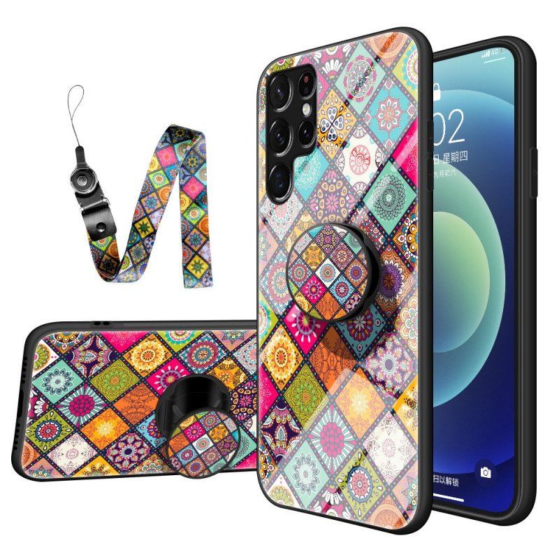 Etui do Samsung Galaxy S22 Ultra 5G Patchworkowy Uchwyt Magnetyczny